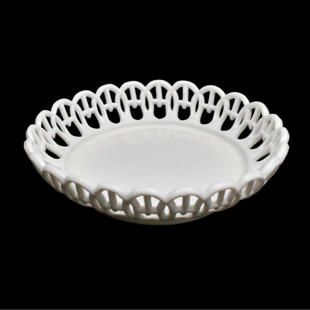 Vintage Milk Glass Bowl Dish Reticulated Edge Lace Candy Dish Nut Bowl 8.25 in